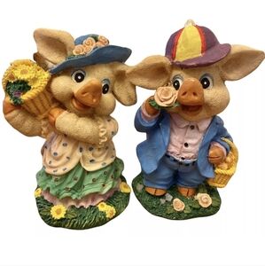 Vintage 90s Set of 2 Resin BOY & GIRL Pigs With Baskets & Flowers 6”
